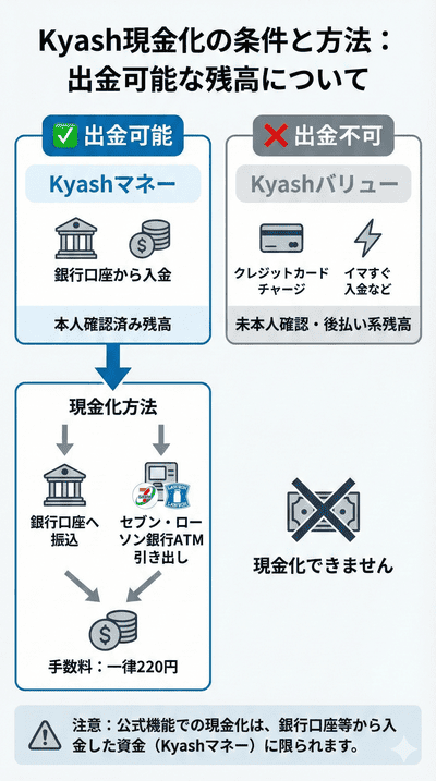 Kyash現金化の条件と方法：出金可能な残高について