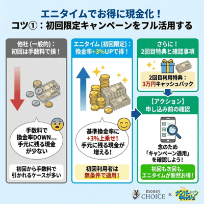 エニタイムでお得に現金化をするための1つ目のコツを解説しているインフォグラフィック画像