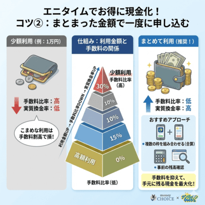 エニタイムでお得に現金化をするための2つ目のコツを解説しているインフォグラフィック画像