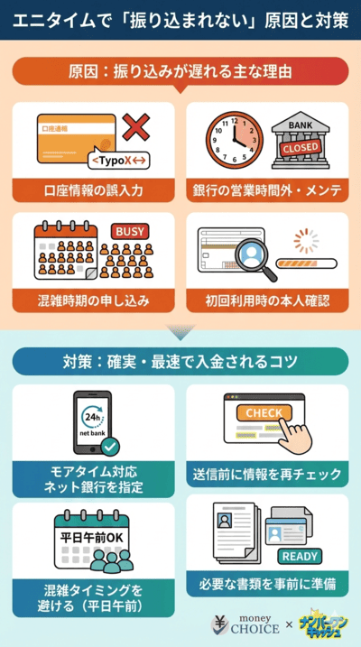 エニタイムで「振り込まれない」となる原因と対策をまとめて解説しているインフォグラフィック画像