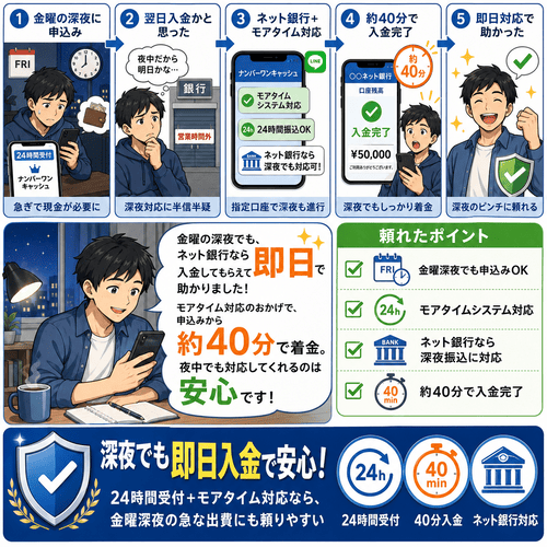 ナンバーワンキャッシュの休日や深夜でも対応してくれる利便性への評価