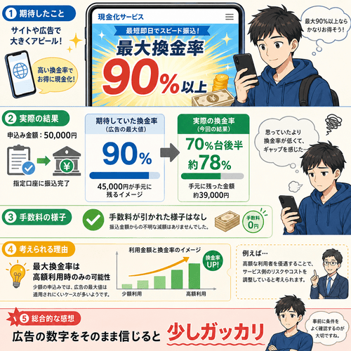 ナンバーワンキャッシュの実際の換金率と広告表記のギャップへの不満