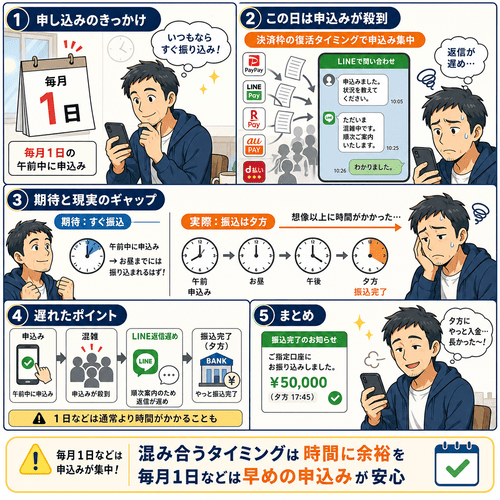ナンバーワンキャッシュの月初め（毎月1日）の混雑による遅延への不満