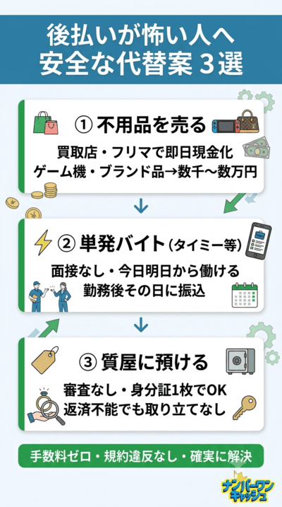 後払い現金化が怖い人へ!本当に困った時の安全な代替案