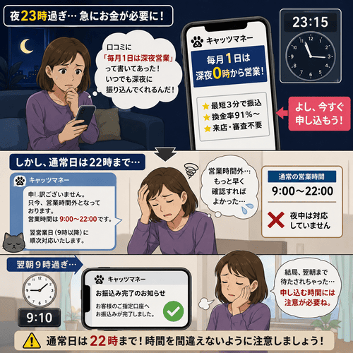 キャッツマネーの通常時の営業時間(深夜非対応)に関する勘違い